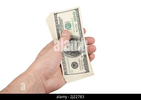 Stapel 100 Dollar in der Hand auf Weiß halten. Stockfoto