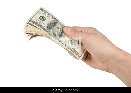 Stapel 100 Dollar in der Hand auf Weiß halten. Stockfoto