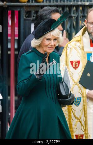 Westminster Abbey, London, Großbritannien. 29.. März 2022.Königliche Hoheit Camilla, Herzogin von Cornwall, winkt der wartenden Menge zu, als sie nach dem Erntedankfest für das Leben von Königlichen Hoheit Prinz Philip, Herzog von Edinburgh, die letztes Jahr im Schloss Windsor starb, in der Westminster Abbey abreist. Amanda Rose/Alamy Live News Stockfoto