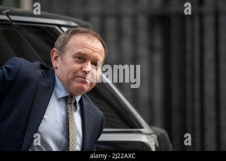 Downing Street, London, Großbritannien. 29. März 2022. George Eustice MP, Staatssekretär für Umwelt, Ernährung und Angelegenheiten des ländlichen Raums, in der Downing Street zu einer wöchentlichen Kabinettssitzung. Quelle: Malcolm Park/Alamy Live News. Stockfoto