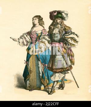 Französischer Adel im Hofkleid, Letztes Drittel des 17.. Jahrhunderts, Illustration, die Geschichte der Tracht, Braun & Schneider, München, Deutschland, 1861-1880 Stockfoto