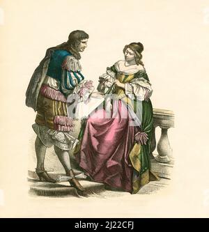 Französischer Adel im Hofkleid, Letztes Drittel des 17.. Jahrhunderts, Illustration, die Geschichte der Tracht, Braun & Schneider, München, Deutschland, 1861-1880 Stockfoto