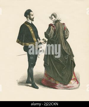 Französisches Hofkleid, zweites Drittel des 16.. Jahrhunderts, Illustration, die Geschichte des Kostüms, Braun & Schneider, München, Deutschland, 1861-1880 Stockfoto