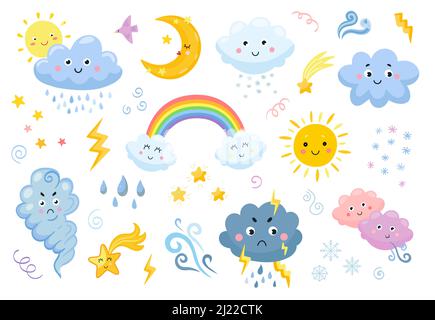 Wetteremoticon flaches Symbol gesetzt. Cartoon Regenbogen, Regen und Schnee Wolken, Sonne, Mond, Stern, Aufhellung, Wind isoliert Vektor Illustration Sammlung. Mete Stock Vektor