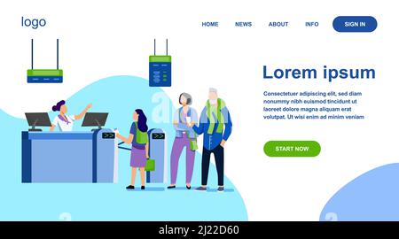 Gruppe von Passagieren, die in der Schlange stehen, um Vektordarstellung zu finden. Abflughalle und Flugverkehr Konzept. Reisende warten in der Schlange f Stock Vektor