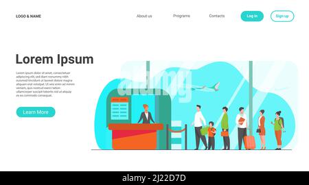 Vektorgrafik für Warteschlangen am Flughafen. Schlange von Touristen, die am Check-in-Schalter stehen. Fluggäste, die im Abflugbereich auf das Einsteigen in das Flugzeug warten Stock Vektor