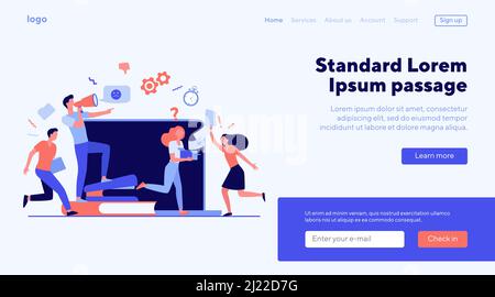 Wütender Chef mit Megaphon, das Mitarbeiter anruft, weil die Frist nicht eingehalten wurde. Büroangestellte laufen in Chaos, Panik und Eile. Vektorgrafik für Überwund Stock Vektor