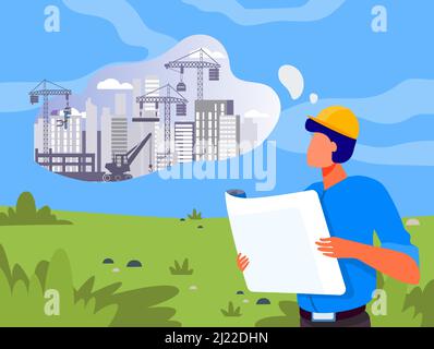 Architekt mit Blaupause Planung Bau auf Rasen. Landschaft, Bauarbeiten in obwohl Blase flach Vektor-Illustration. Immobilien, Stellenkonzept f Stock Vektor