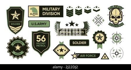 Army Patches Set. Militärische Insignien, Tarnmarken für Soldaten, Embleme der US-Streitkräfte. Isolierte Vektor-Illustrationen mit Text, Schild, Sternen, Flügeln, Teer Stock Vektor