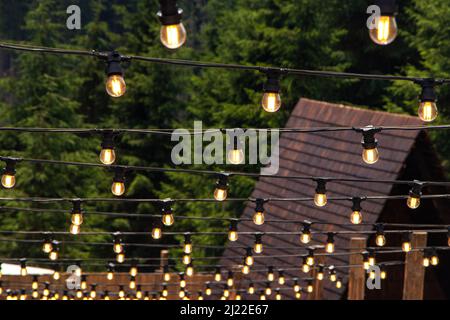 Abends hängen im Garten dekorative Lichterketten an Bäumen. Stockfoto