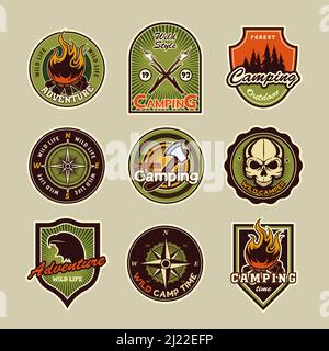 Camping Patches Set. Vintage Logos, Embleme und Abzeichen mit Text, Adler, Kompass, Lagerfeuer Illustrationen. Kann für Abenteuertourismus, Berg verwendet werden Stock Vektor