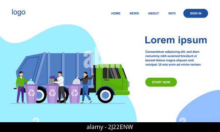Cartoon Menschen werfen Müll und Müll in Entsorgungsbehälter flache Vektor-Illustration. Müllwagen steht auf der Stadtstraße. Recycling-Service Stock Vektor