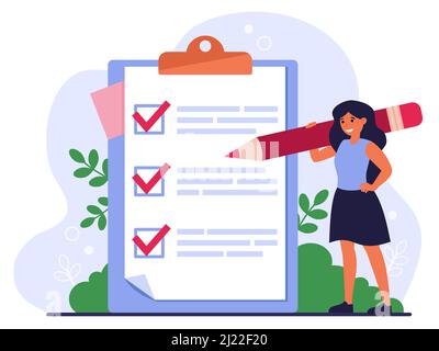 Checkliste oder Umfragekonzept. Frau mit Bleistift Aufschreiben Aufgabenliste, Ausfüllen Umfrage oder Anwendung auf Notizblock, markieren Kontrollkästchen. Flachvektor i Stock Vektor