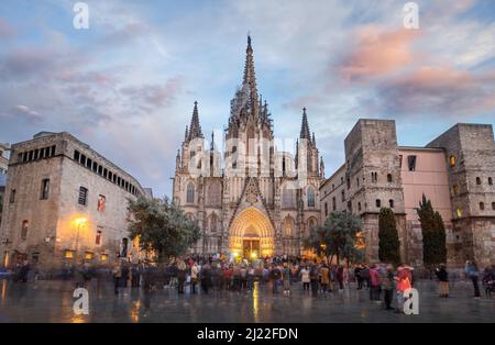 Panoramablick auf die Kathedrale von Barcelona - Catedral de la Santa Cruz y Santa Eulalia in Barcelona, Spanien. Das Heilige Kreuz und die Kirche der Heiligen Eulalia Stockfoto