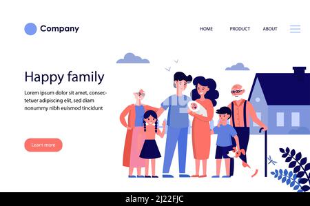 Glückliche Familie mit Großeltern und Kindern, die zu Hause stehen. Familie mit neugeborenem Kind lächelt im Freien flache Vektor-Illustration. Glückliches Familienkonzept f Stock Vektor