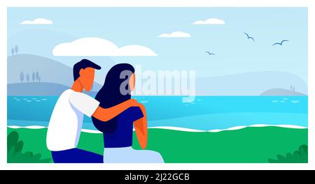 Ein Paar sitzt am Strand. Rückansicht von jungen Mann und Frau Umarmung am Meer flache Vektor-Illustration. Urlaub, Romantik, Dating im Freien Konzept für Bann Stock Vektor