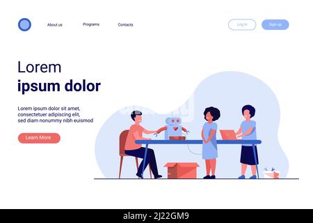 Kinder, die Cyborg im Robotikunterricht vorführen. Kinder zeigen Roboter Lehrer. Vektor-Illustration für Bildung, Robotertechnik, Schulprojekt Stock Vektor