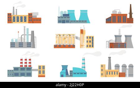 Stadtfabriken eingestellt. Rauchen von Rohren von Industrieanlagen, Herstellung von Gebäuden. Vektorgrafiken für Industrie, Umwelt, Atmosphäre, Produktion Stock Vektor