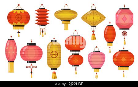 Chinesische Lampen gesetzt. Traditionelle asiatische Neujahrslaternen aus rotem und gelbem Papier. Vektor-Illustrationen für China, Chinatown, Festival, Urlaub, Dekoration Stock Vektor