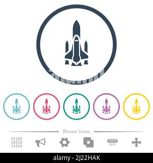 Space Shuttle mit Flach-Farbsymbolen in runden Umrissen. 6 Bonus-Symbole enthalten. Stock Vektor