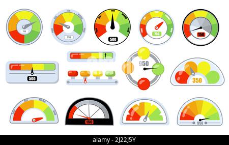 Indikatoren für die Kundenzufriedenheit mit flachen Symbolen für schlechte und gute Werte. Credit Score Vektor Illustration Kollektion. Bewertungs- und Bewertungskonzept Stock Vektor