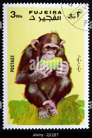 FUJEIRA - UM 1972: Eine im Fujeira gedruckte Marke zeigt Affen, Serie Affen, um 1972 Stockfoto