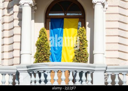 Die ukrainische Nationalflagge hängt am Fenster eines Gebäudes im klassischen Stil in Vilnius, Litauen Stockfoto