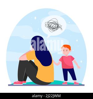 Depressive Mutter und kleiner Sohn. Verärgert Junge im Gespräch mit weinenden Frau. Flache Vektor-Illustration. Depression, Mutterschaft, Stress-Konzept für Banner, websi Stock Vektor