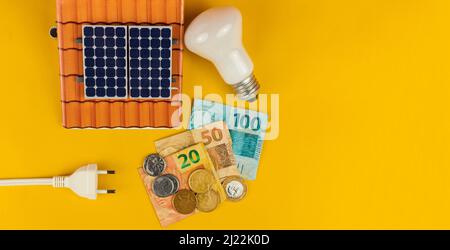 Banknoten, Münzen, Steckdraht und Glühbirnen isoliert auf gelbem Hintergrund. Stockfoto