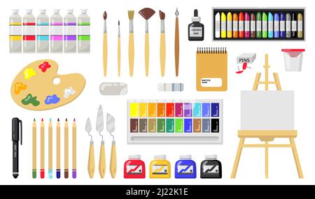 Zeichnungs- und Malwerkzeugsatz. Pinsel, Ölfarben, Palette, Staffelei mit Leinwand, Pinsel, Bleistifte, Radiergummi, Buntstifte. Vektorgrafik für Studie Stock Vektor