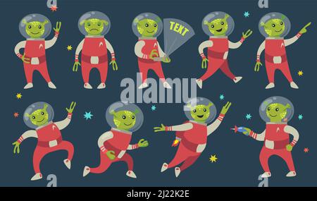 Lustige grüne Aliens flache Icon-Set. Cute futuristischen Charakter der humanoiden Astronaut in Raumanzug Vektor Illustration Sammlung. UFO und Raumkonzept Stock Vektor