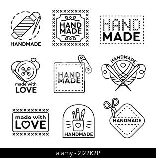 Handgefertigtes Badges-Set. Embleme und Logos für Kreuznähte, Nähen, Stricken Thema Design. Schwarze Vektorgrafiken auf weißem Hintergrund Stock Vektor