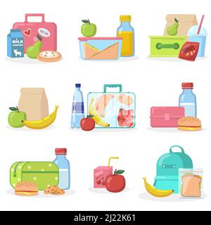 Schullunchboxen mit Snacks flaches Icon-Set. Cartoon Apfel, Saft, Cookie, Muffin und Brot in Box Vektor Illustration Sammlung. Essen und gesund Stock Vektor