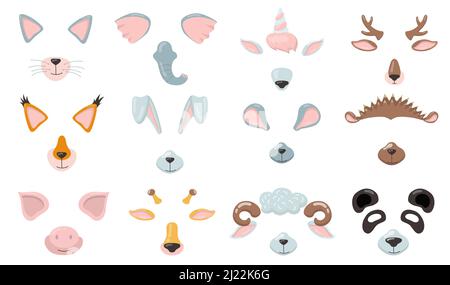 Verschiedene Tier-Handy-Masken flach Icon-Set. Cartoon Katze, Fuchs, Schwein, Elefant, Hase, Maus Ohren, Nase und Augen isoliert Vektor Illustration Sammlung. A Stock Vektor