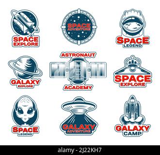 Space Exploration Patches gesetzt. Patch mit Saturn Planet, Briefmarken mit Shuttle und Rakete, Abzeichen mit Astronaut und Alien im Vintage-Stil mit Text. F Stock Vektor