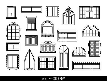 Fenster und Glastüren Set. Sammlung von gewölbter Kunststoffrahmen, dekorative Außenelemente im Vintage-Stil für Häuser, Häuser, Architektur Stock Vektor