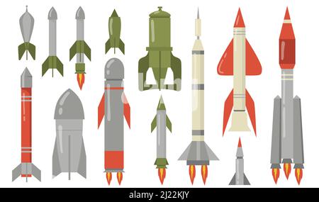 Verschiedene ballistische Raketen flache Icon-Set. Gefährliche explosive militärische Rakete für Luftangriff isoliert Vektor Illustration Sammlung. Armeewaffen, wa Stock Vektor