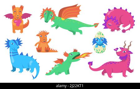 Niedliche Märchendrachen flach Symbol-Set. Cartoon Baby Dinosaurier für Kinder Cliparts Vektor Illustration Sammlung. Monster und mittelalterliche Fantasy Reptilien c Stock Vektor