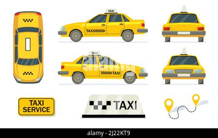 Gelbe Taxis. Seitliche, obere, rückseitige Ansicht von Taxiwagen. Vektorgrafiken für Stadtverkehr, Reisen, Stadtdienstkonzept Stock Vektor