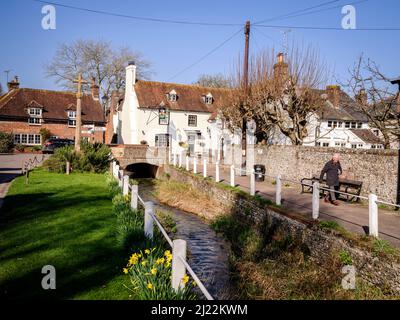 Nur zur redaktionellen Verwendung: Ye Olde George Inn und das Zentrum des Dorfes East Meon, Hampshire, Großbritannien. Stockfoto