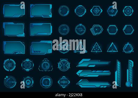 Verschiedene HUD Elemente Flachrahmen Set. Moderne VR-Benutzeroberfläche, Dashboard und Infografik Framework Vektor Illustration Sammlung. Digitaltechnik Stock Vektor