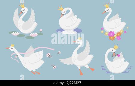 Niedliche Prinzessin Schwan flache Icon-Set. Cartoon schöne Schwan oder Gans in Gold Krone und florale Grafik isoliert Vektor Illustration Kollektion. Vogel, Fant Stock Vektor