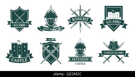 Alte Ritter oder Kämpfer monochrome flache Zeichen gesetzt. Mittelalterliches Emblem und Schild mit Krieger Rüstung, Helm, Schwerter oder Burg Vektor Illustration collec Stock Vektor