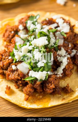 Hausgemachte mexikanische Chorizo Tacos mit Zwiebeln und Cilantro Stockfoto