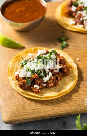 Hausgemachte mexikanische Chorizo Tacos mit Zwiebeln und Cilantro Stockfoto