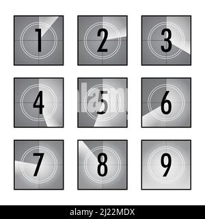 Countdown für Film eingestellt. Quadratische Zähler mit Zahlen in Kreisen, vintage Intro von Film, Retro-Kamera oder Projektor-Timer. Kann für Fernsehen verwendet werden, vide Stock Vektor