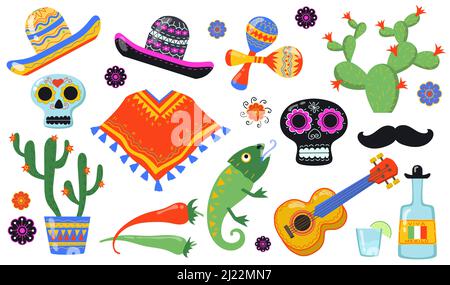 Verschiedene mexikanische Symbole flach Icon-Set. Traditionelle Latino-Party mit Sombrero, Taco Food, Kaktus, Gitarre, isolierte Vektor-Illustration Sammlung. Mex Stock Vektor