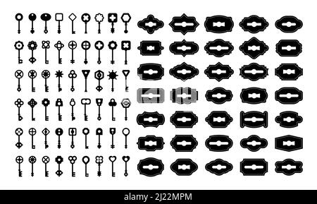 Vintage-Schlüssel und Schlüsselloch-Sets. Elegante Schlüssel und Schlüsselwege für antike Tore oder alte Haustüren, Silhouetten für Geheimnis- oder Schloss-Konzept, einfaches Logo de Stock Vektor