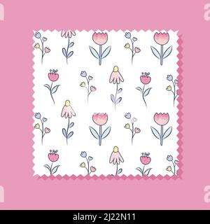 Niedliches blühendes Kinder-Vektor-Muster im skandinavischen Stil auf weißem Hintergrund. Bezaubernde Blumen für Kinder, Textilien, Dekor, Interieur, Druck Stock Vektor