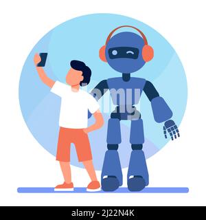 Junge, die Selfie mit humanoiden. Kind mit Cyborg, Kind mit Roboter flache Vektor-Illustration. Robotik, Engineering, Kinderkonzept für Banner, Webs Stock Vektor